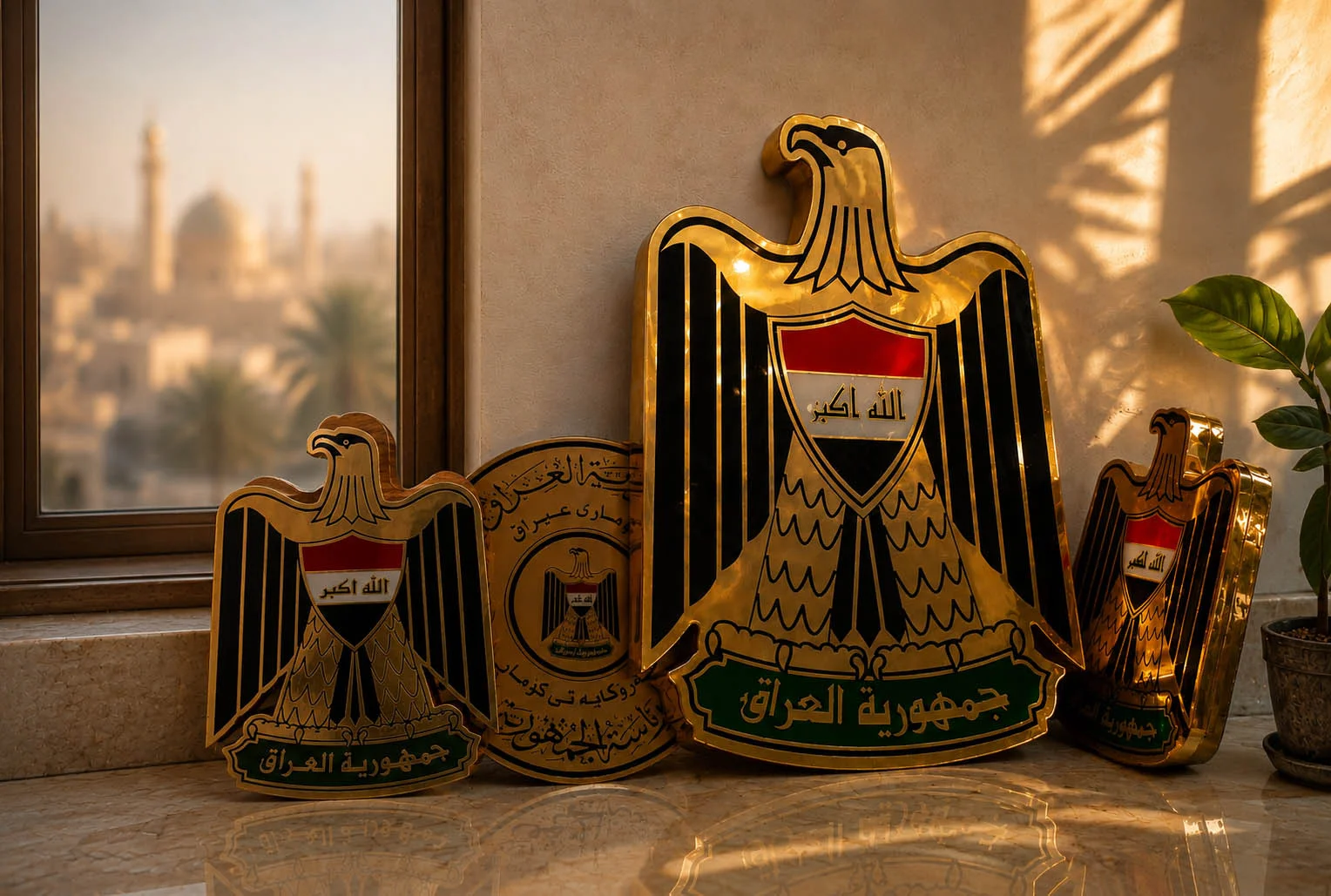 Saddam Hussein-era coats of arms at the Iraqi Ministry of Foreign Affairs. Apparently, they kept them as souvenirs...
